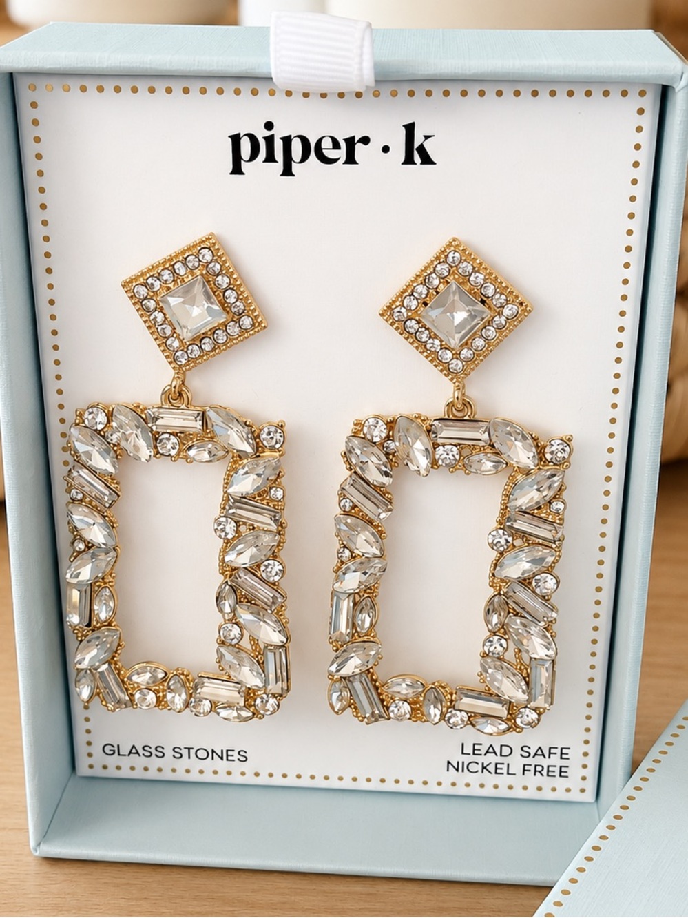 Piper•K Gold Crystal Rectangular Drop Earrings - Clear Glass Stones